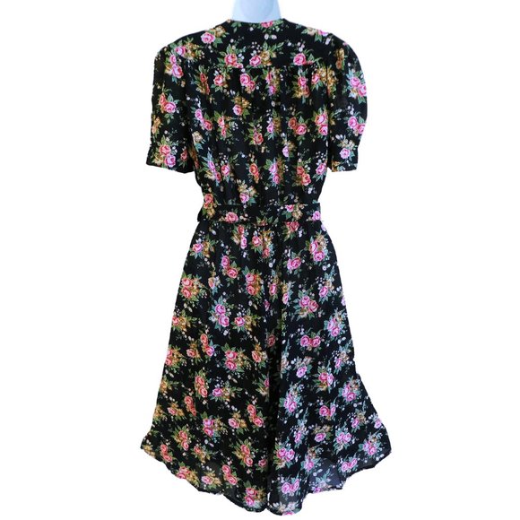 Vintage Cottagecore Leslie Dress Fit Flare Pockets Floral Belt Puff Sleeve USA - Picture 3 of 11
